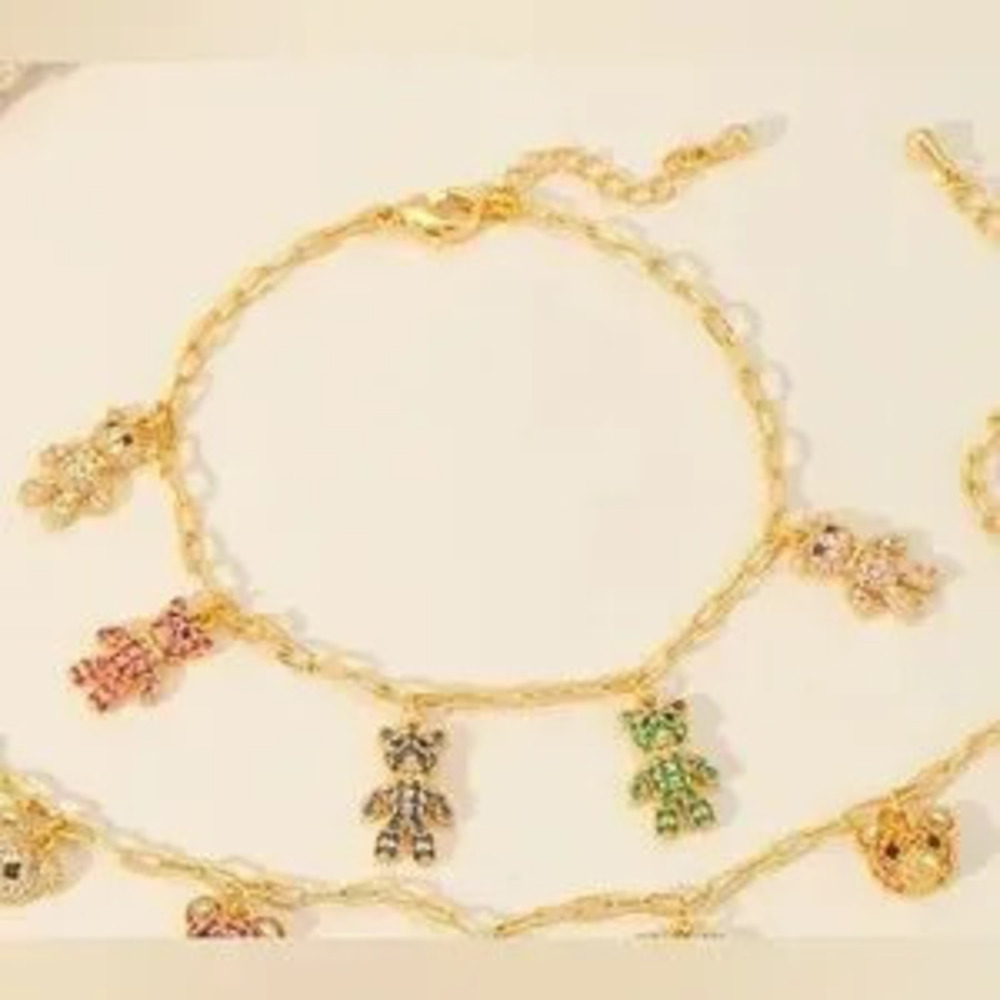 14K Gold Teddy Bear/Gummy Bear Pave Gemstone Paper Clip Link Charm Bracelet